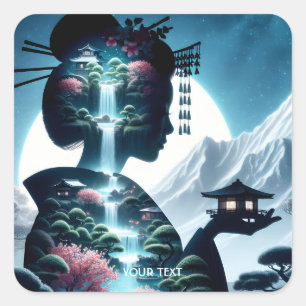Fantasy Cute Japanese Girl Landscape Square Sticker