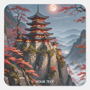 Fantasy Cute Japanese Night Landscape Square Sticker
