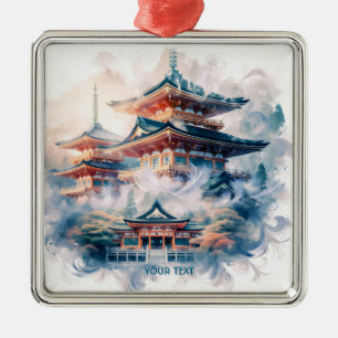 Fantasy Cute Japanese Temple Watercolor Metal Tree Decoration