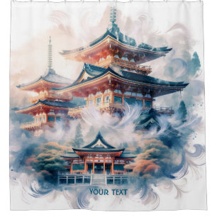 Fantasy Cute Japanese Temple Watercolor Shower Curtain