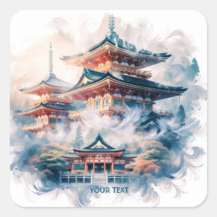 Fantasy Cute Japanese Temple Watercolor Square Sticker