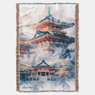 Fantasy Cute Japanese Temple Watercolor Throw Blanket