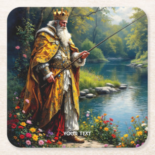 Fantasy Cute King Fishing In River Square Paper Coaster