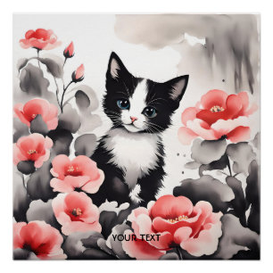 Fantasy Cute Kitten Flowers Drawing Poster