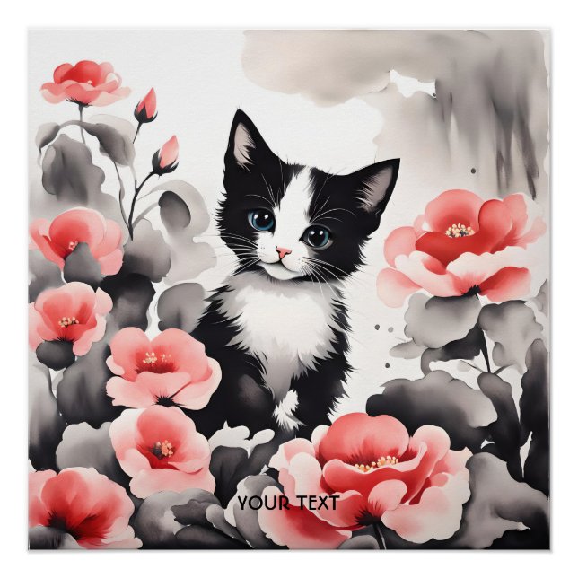 Fantasy Cute Kitten Flowers Drawing Poster (Front)