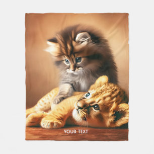 Fantasy Cute Kitten Playing With Tiger Fleece Blanket