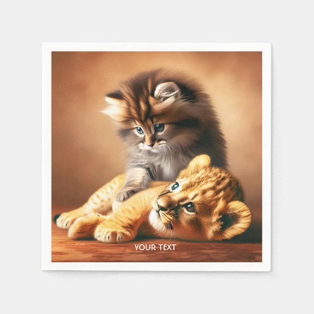 Fantasy Cute Kitten Playing With Tiger Napkin (Front)