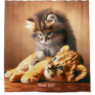 Fantasy Cute Kitten Playing With Tiger Shower Curtain