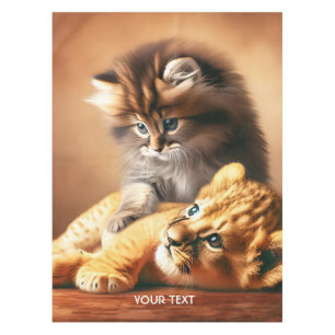 Fantasy Cute Kitten Playing With Tiger Tablecloth