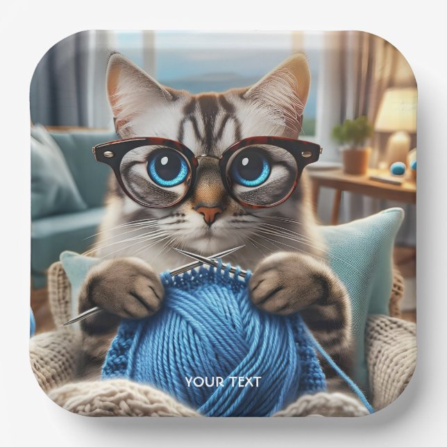 Fantasy Cute Knitting Cat Room Paper Plate (Front)