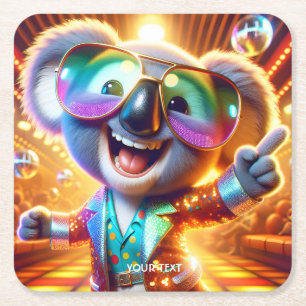 Fantasy Cute Koala Dancing Disco Square Paper Coaster