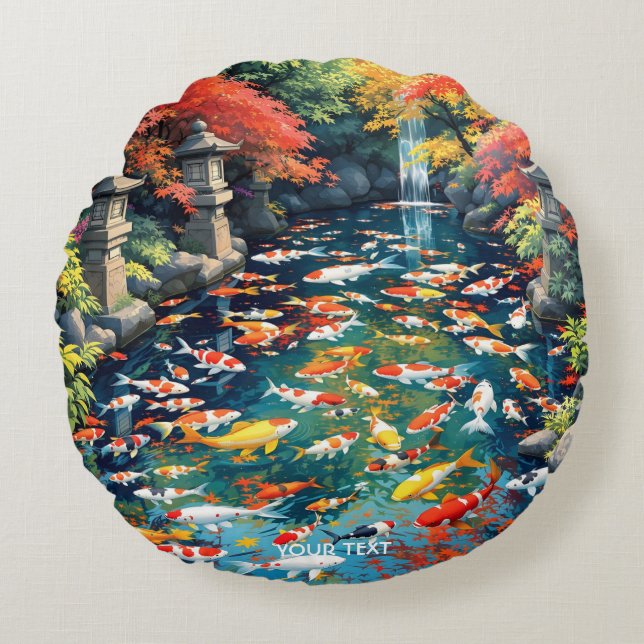 Fantasy Cute Koi Fish Pond Round Cushion (Front)