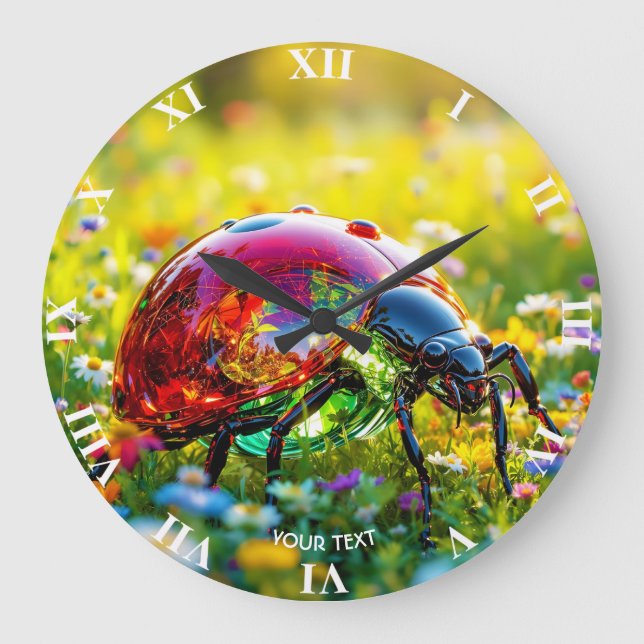 Fantasy Cute Ladybug Polished Glass Large Clock (Front)