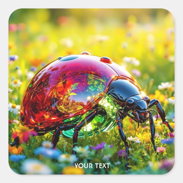 Fantasy Cute Ladybug Polished Glass Square Sticker (Front)