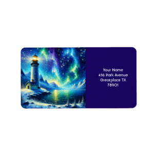 Fantasy Cute Lighthouse Snowy Shoreline Label