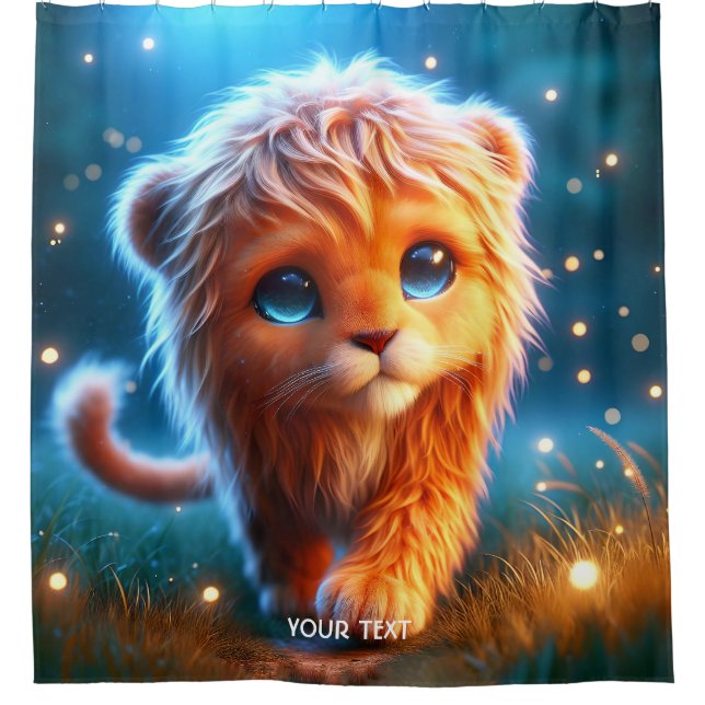 Fantasy Cute Lion Cub Stars Shower Curtain (Front)