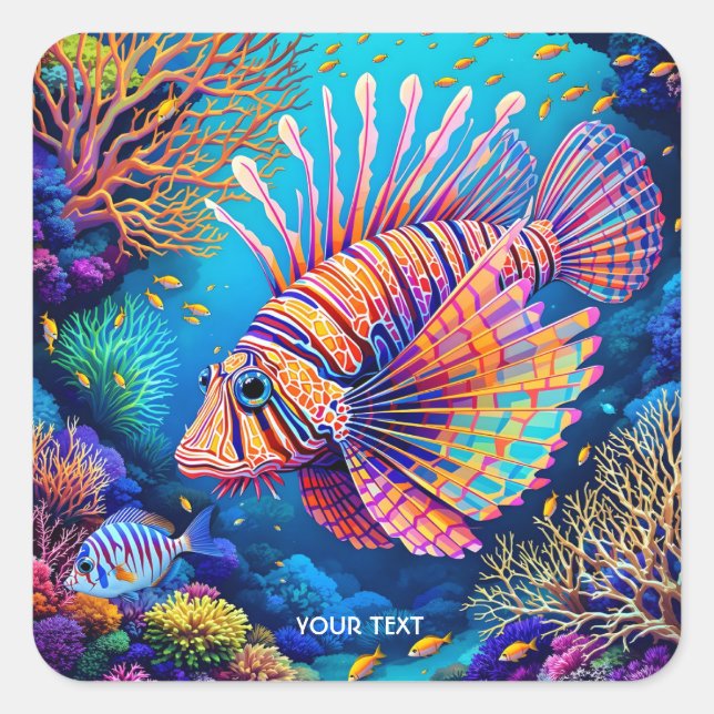 Fantasy Cute Lionfish Coral Reef Square Sticker (Front)
