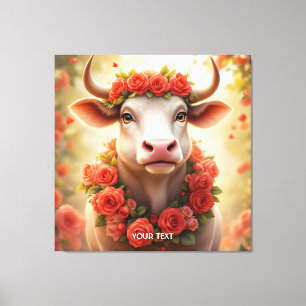 Fantasy Cute Lovely Cow Roses Canvas Print