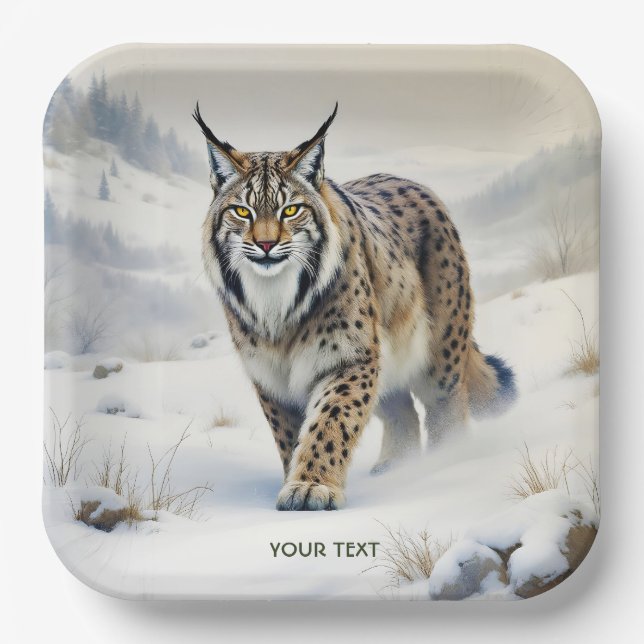 Fantasy Cute Lynx Winter Snow Paper Plate (Front)