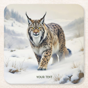 Fantasy Cute Lynx Winter Snow Square Paper Coaster