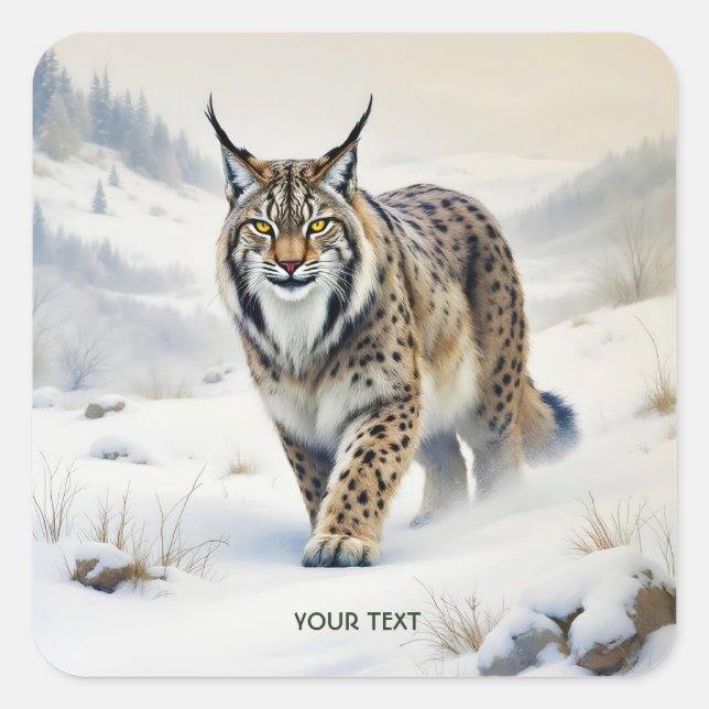 Fantasy Cute Lynx Winter Snow Square Sticker (Front)