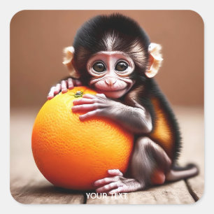 Fantasy Cute Monkey Baby Orange Square Sticker