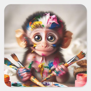 Fantasy Cute Monkey Brush Paints Square Sticker