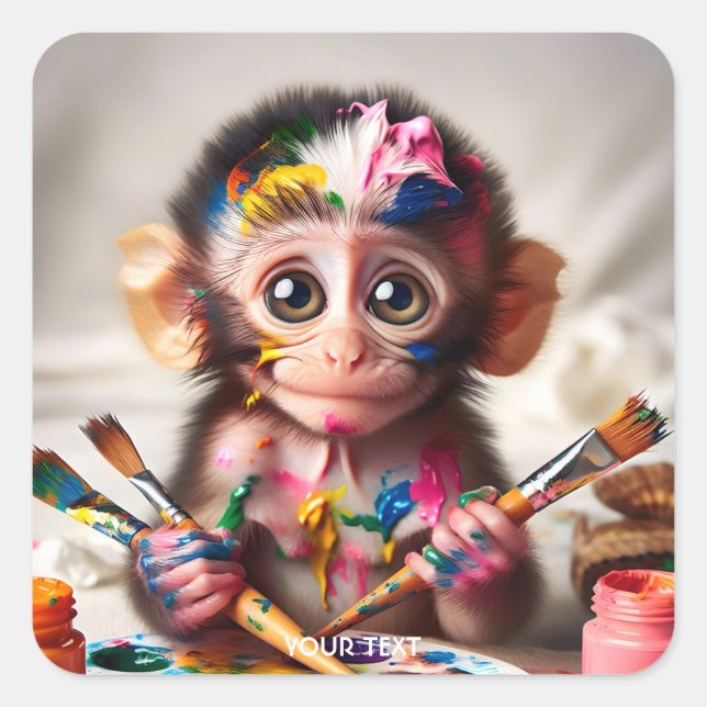 Fantasy Cute Monkey Brush Paints Square Sticker (Front)