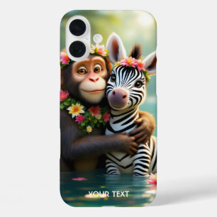 Fantasy Cute Monkey Zebra Hug iPhone 16 Plus Case