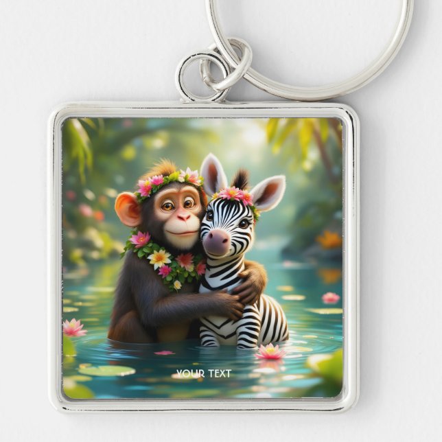 Fantasy Cute Monkey Zebra Hug  Key Ring (Front)
