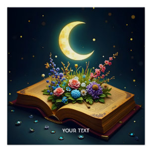 Fantasy Cute Moon Book Flowers Poster