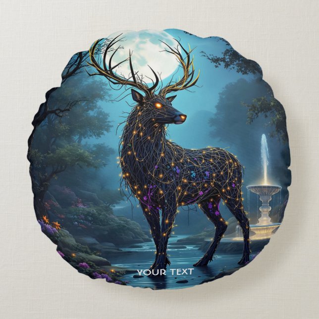 Fantasy Cute Moon Deer Night Round Cushion (Front)