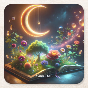 Fantasy Cute  Moon Garden Book Square Paper Coaster