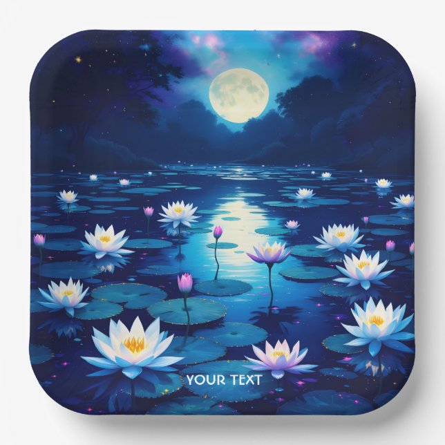 Fantasy Cute Moon Lily Pond Paper Plate (Front)