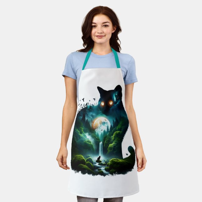 Fantasy Cute Moon Waterfall Cat Apron (Worn)