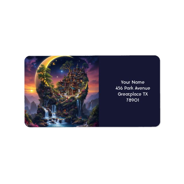 Fantasy Cute Moon Waterfall Forest Label (Front)