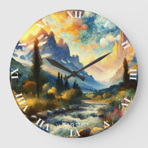 Fantasy Cute Mountains Landscape Sunset Large Clock