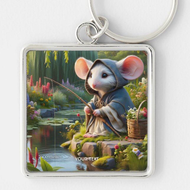 Fantasy Cute Mouse Fishing Flowers Key Ring (Front)