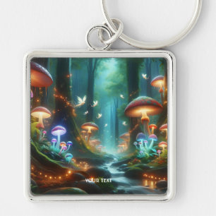 Fantasy Cute Mushrooms Forest Night Key Ring