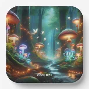 Fantasy Cute Mushrooms Forest Night Paper Plate