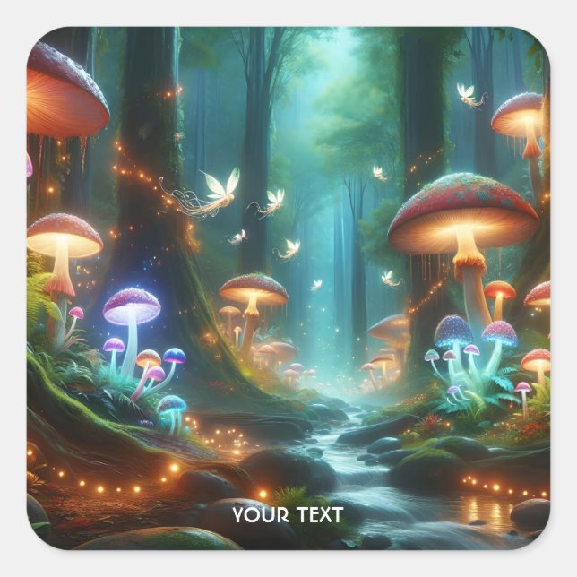 Fantasy Cute Mushrooms Forest Night Square Sticker (Front)