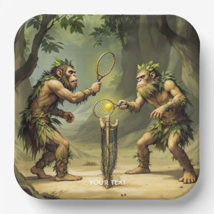 Fantasy Cute Neandertals Playing Tennis Paper Plate