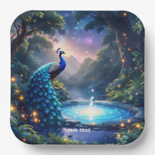 Fantasy Cute Night Puddle Peacock Paper Plate