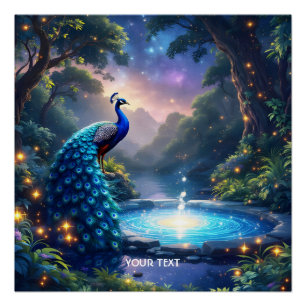 Fantasy Cute  Night Puddle Peacock Poster