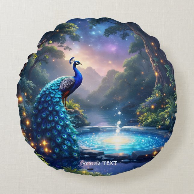 Fantasy Cute  Night Puddle Peacock Round Cushion (Front)