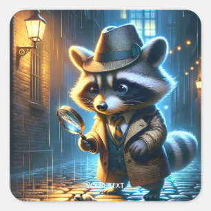 Fantasy Cute Night Racoon Detective Square Sticker