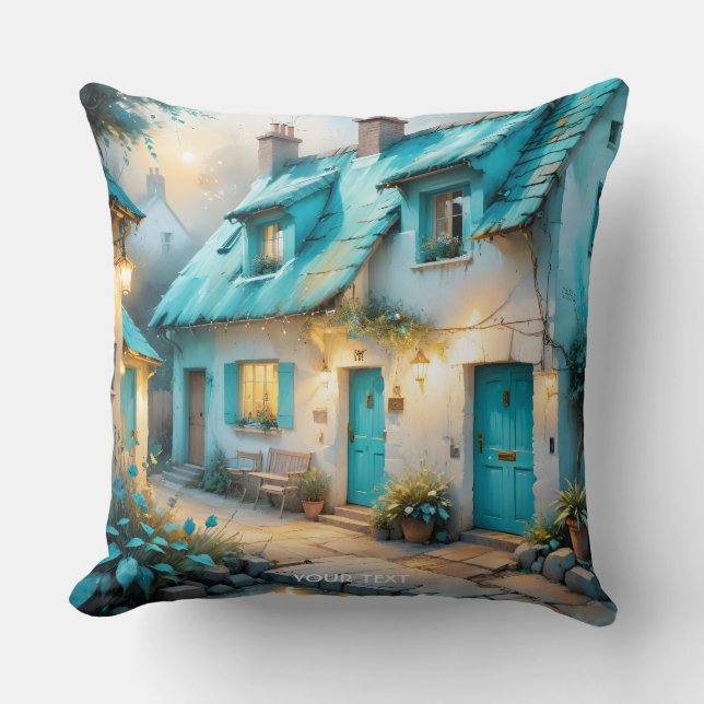 Fantasy Cute Old Blue House Cushion (Front)