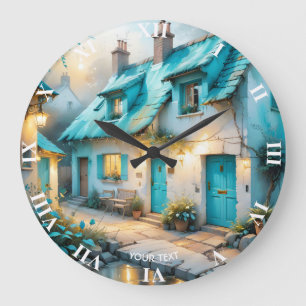 Fantasy Cute Old Blue House Large Clock