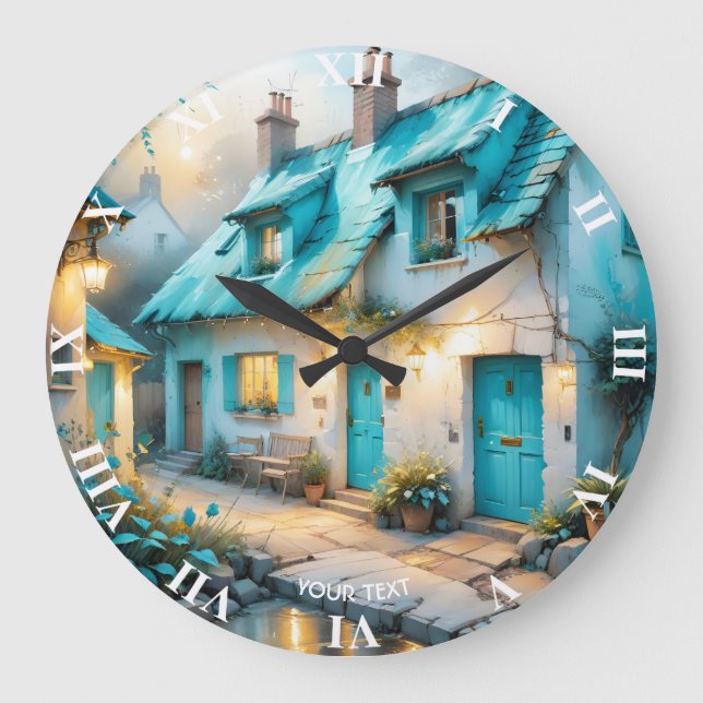 Fantasy Cute Old Blue House Large Clock (Front)