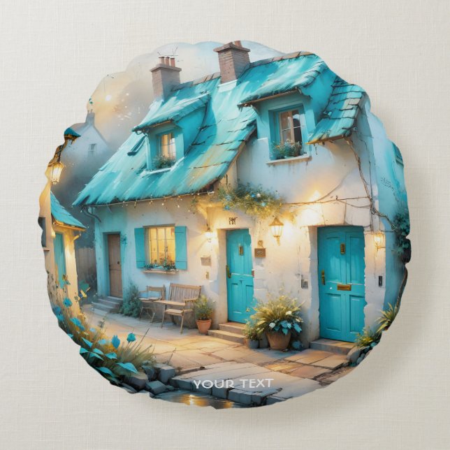 Fantasy Cute Old Blue House Round Cushion (Front)